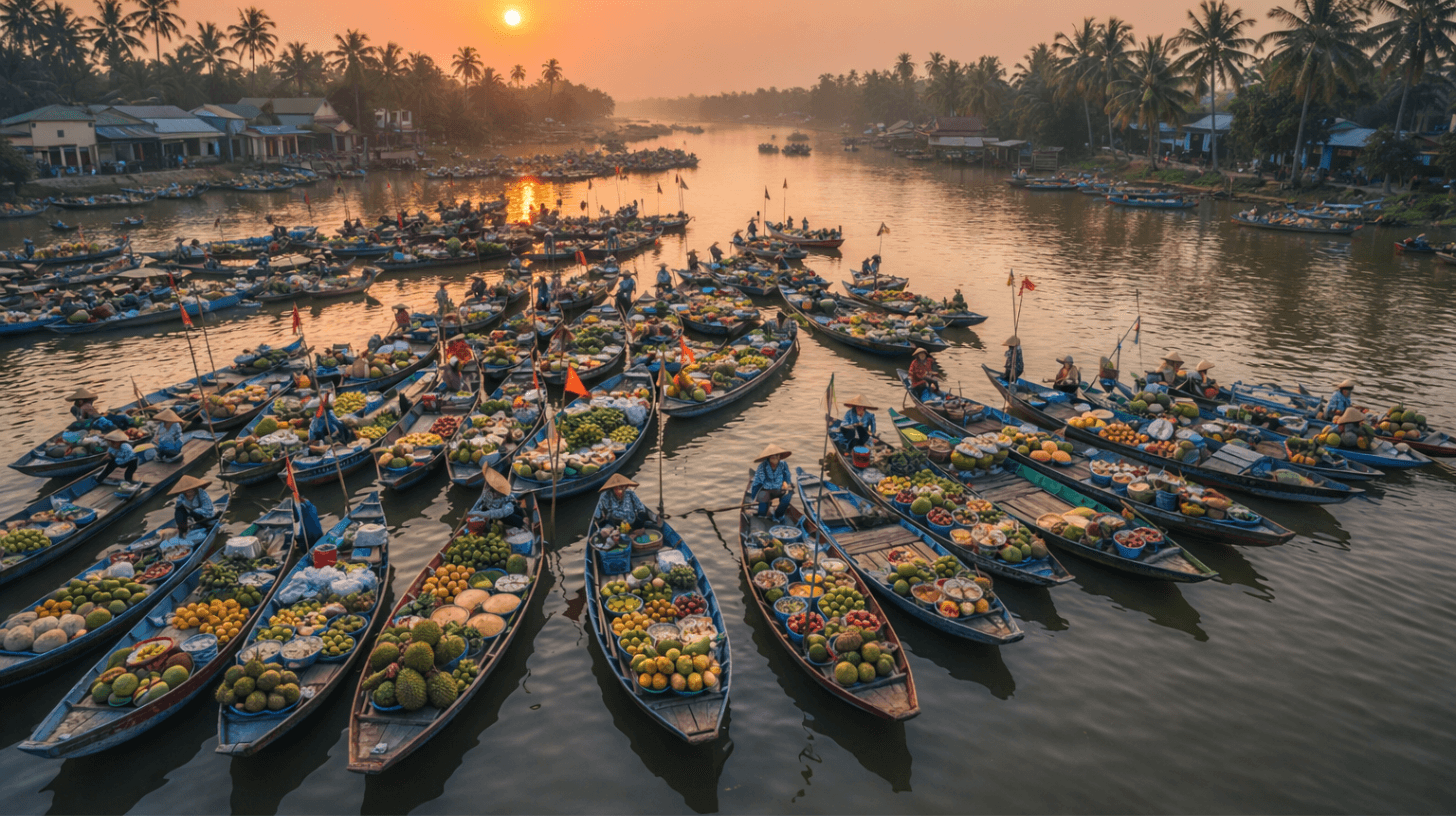 Scam-proof Vietnam travel guide image showing a traditional floating market with boats selling fruits on a river at sunrise