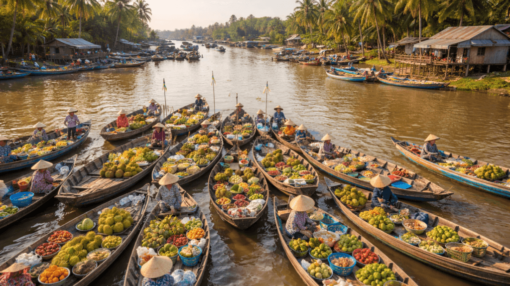 South Vietnam floating market in October showing boats filled with fruits on a calm river under warm tropical weather