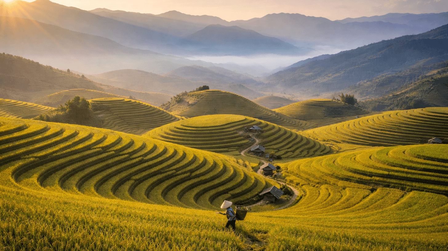Kochi to Vietnam flights route inspiration showing Vietnam’s terraced rice fields and scenic landscapes at sunrise