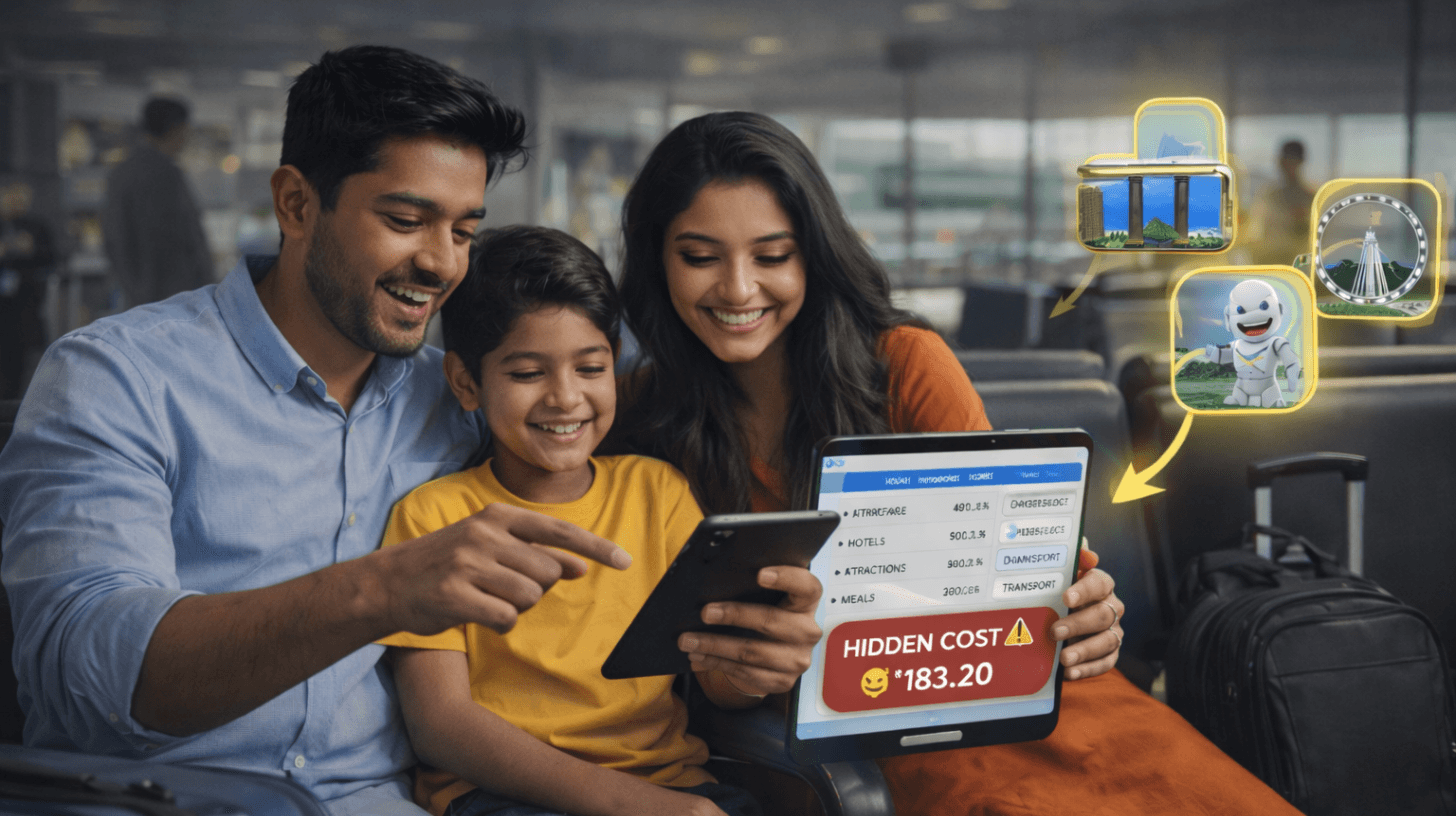 Family planning a Singapore trip from Kochi while checking hidden travel costs on a tablet at the airport