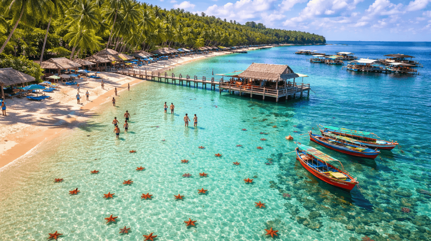 Phu Quoc starfish beach with clear turquoise water, red starfish, boats and tourists enjoying tropical island activities in Vietnam