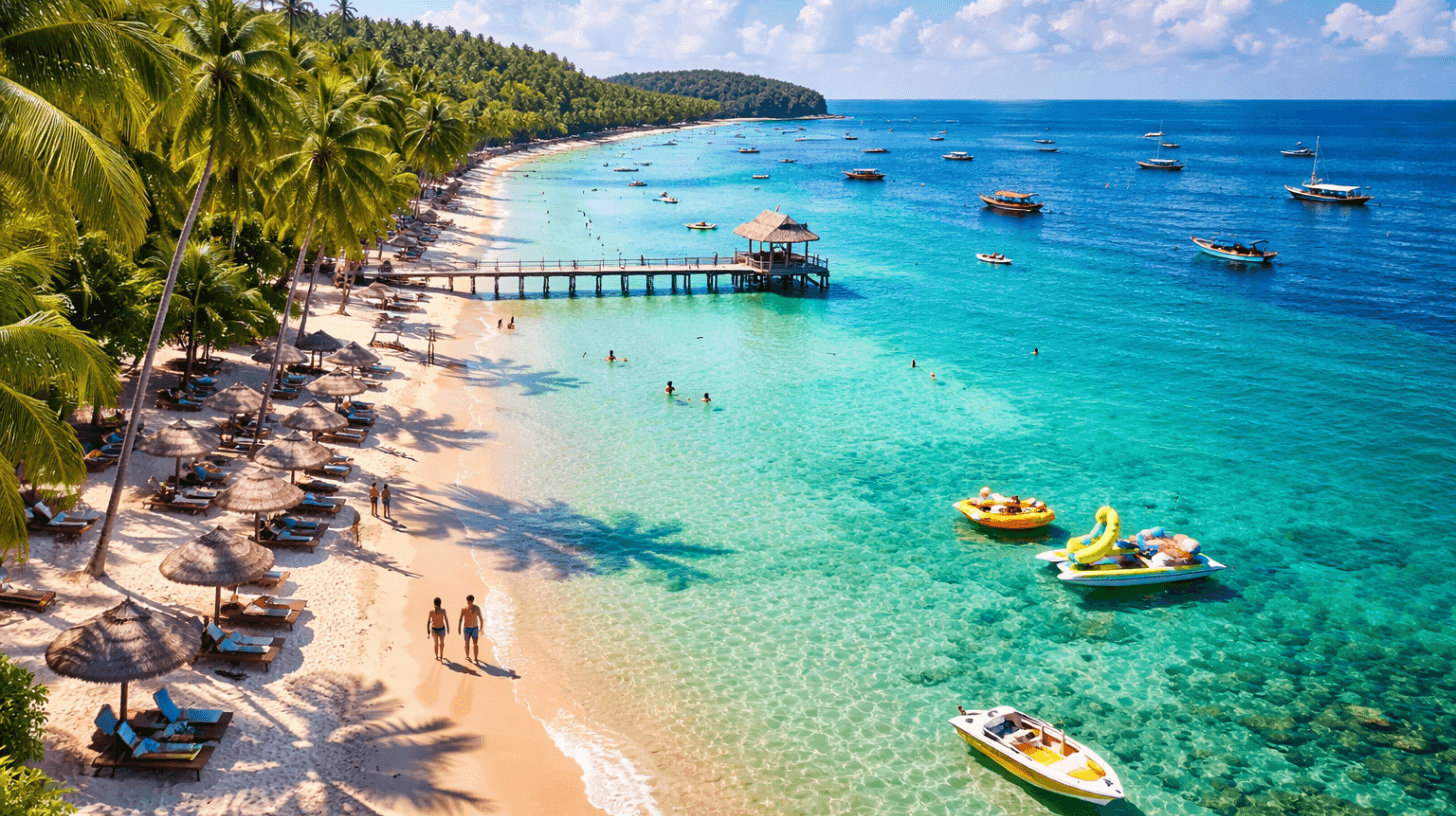 Phu Quoc tropical beach with clear turquoise water, palm trees, boats and tourists enjoying island activities in Vietnam