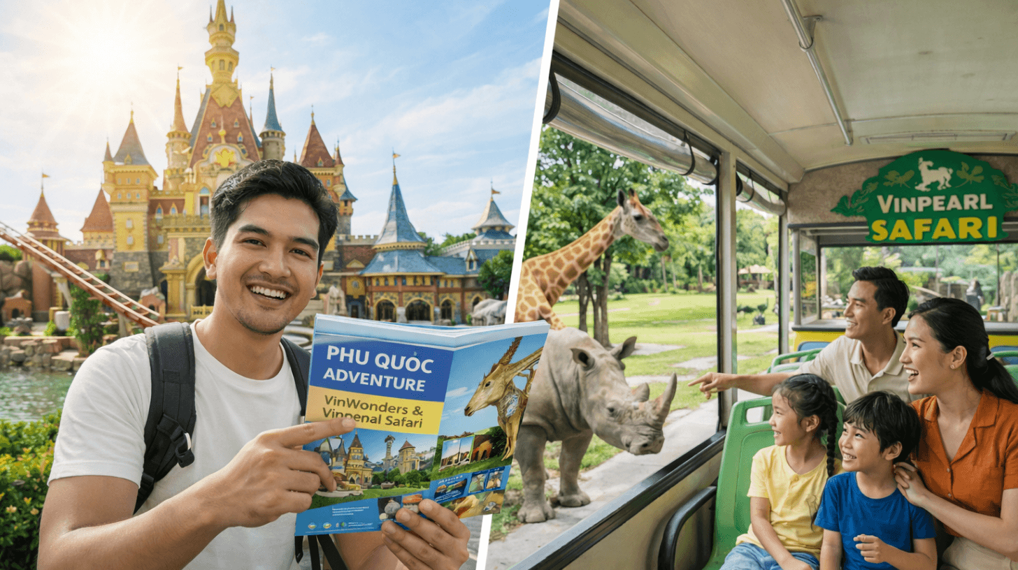Phu Quoc adventure guide showing VinWonders theme park and Vinpearl Safari with family enjoying wildlife and attractions