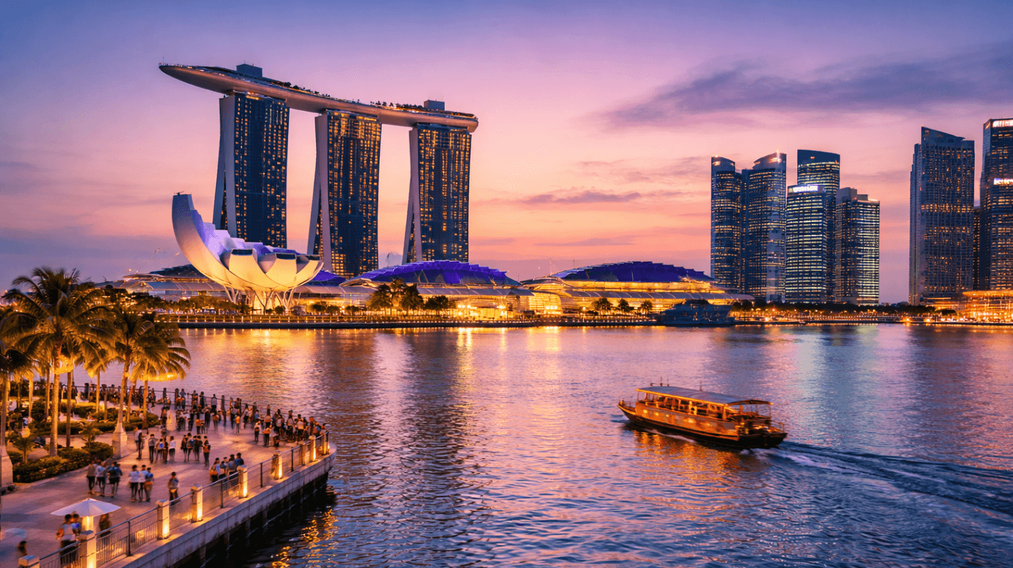 Marina Bay Sands skyline and Singapore waterfront at sunset representing a family trip destination from Kochi