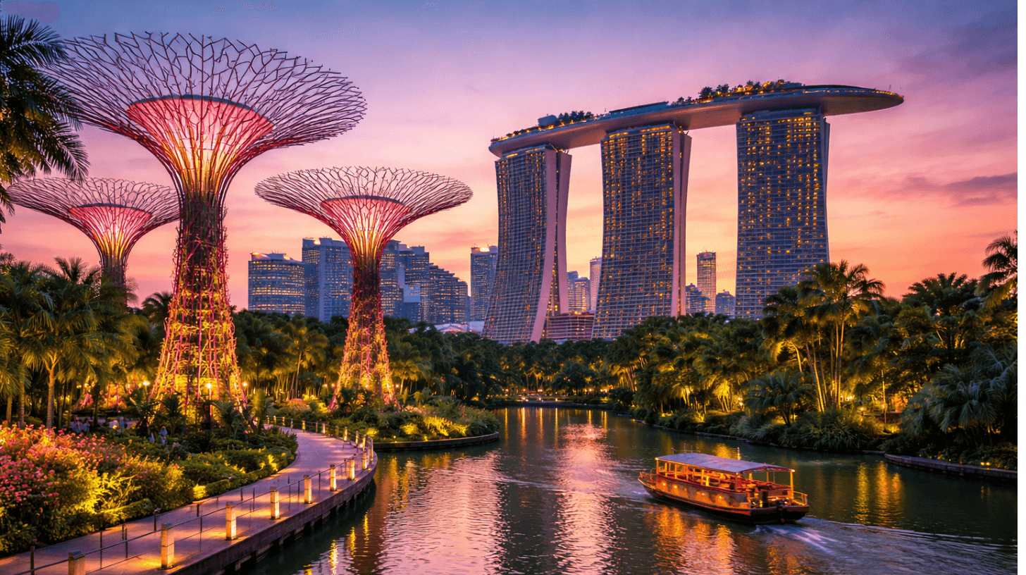 Gardens by the Bay Supertree Grove and Marina Bay Sands skyline in Singapore at sunset for family trip from Kochi