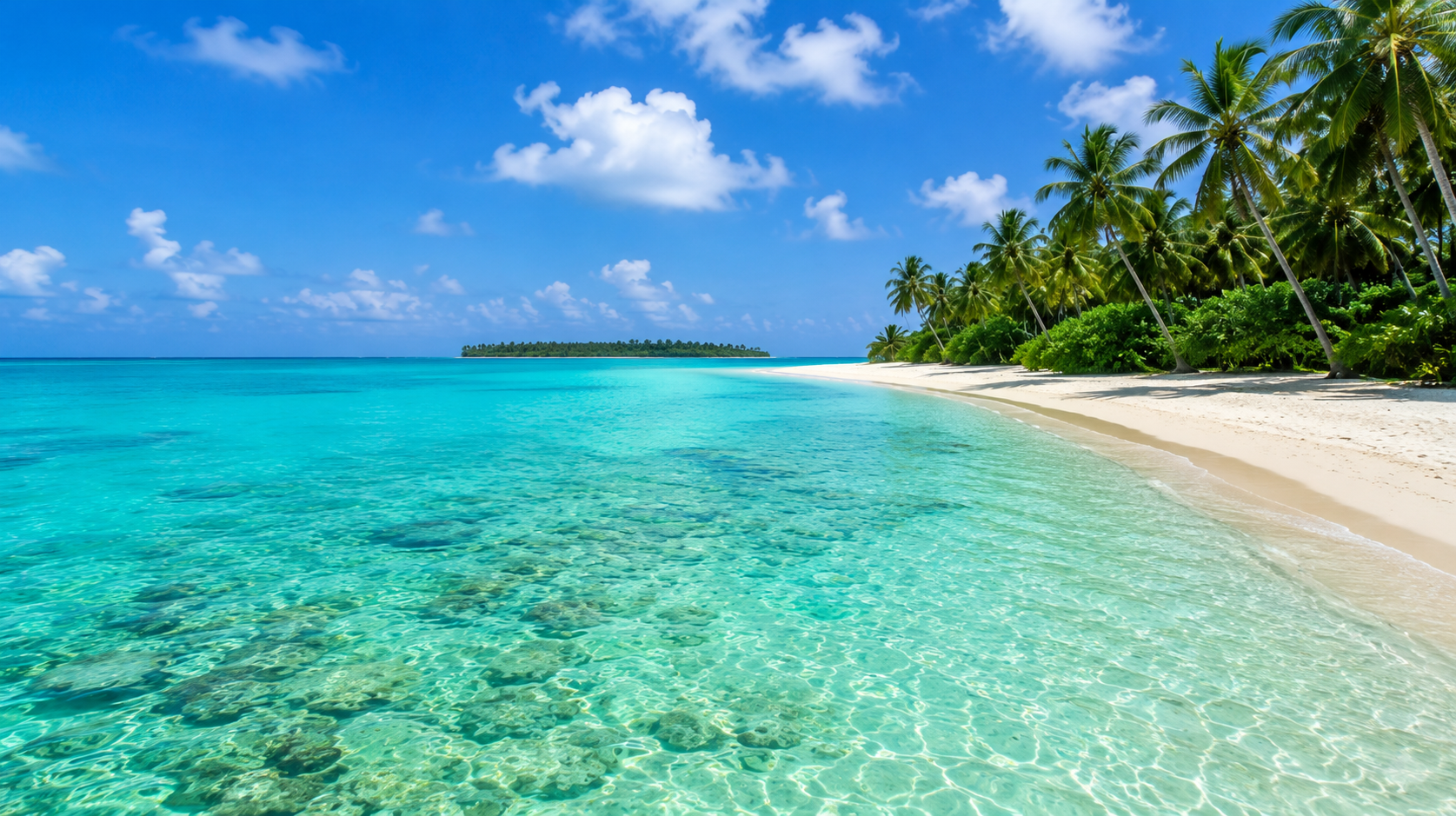 Lakshadweep Tour Package from Kerala 2026 featuring a pristine white sand beach, crystal-clear turquoise lagoon, coconut palms, and tropical island scenery