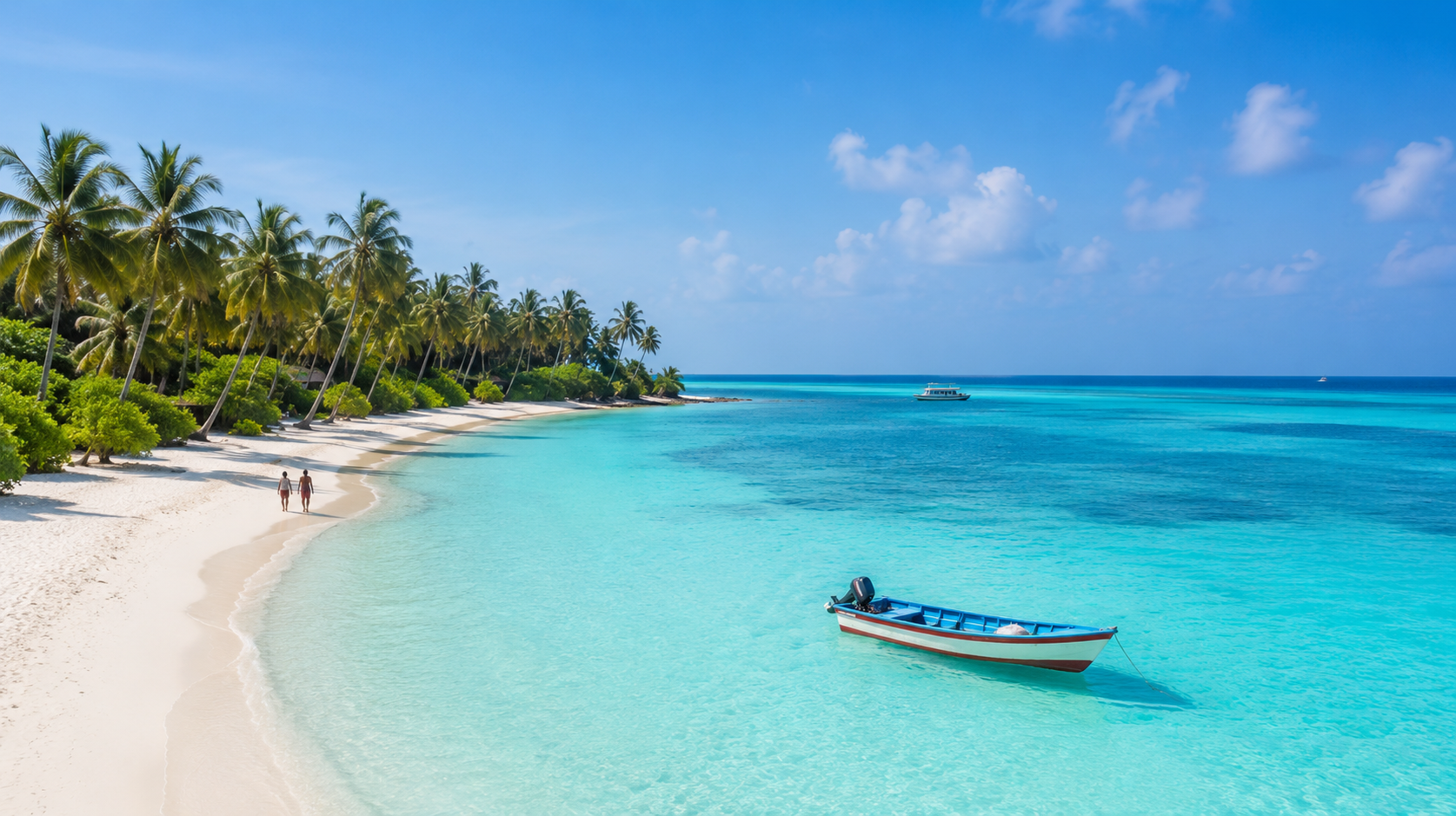 Lakshadweep tour package from Kerala 2026 featuring pristine white sand beach, turquoise lagoon, palm trees and tropical island scenery